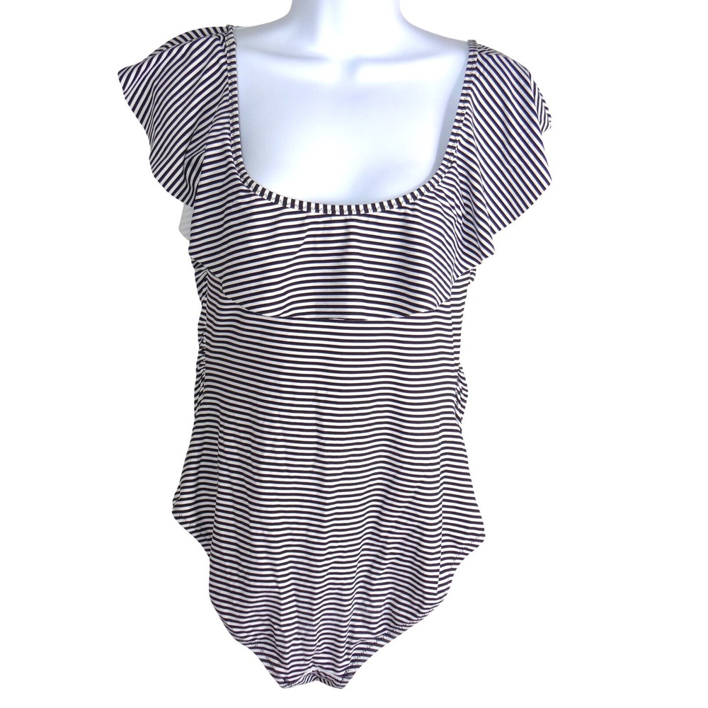 Gap Womens Black White Striped Ruffle Flutter Sleeve One Piece Swimsuit Size L